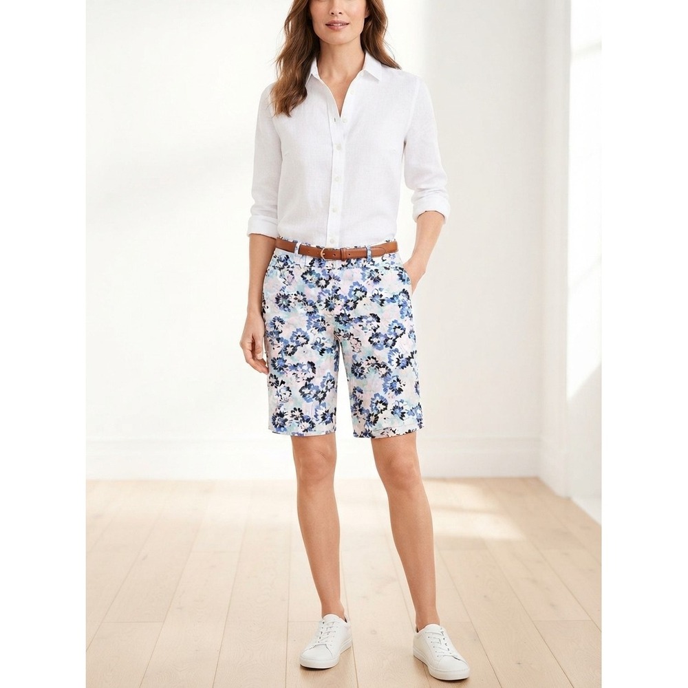 Talbots Petites Floral Bermuda Shorts Size 6P Blue White Cotton Blend Pockets